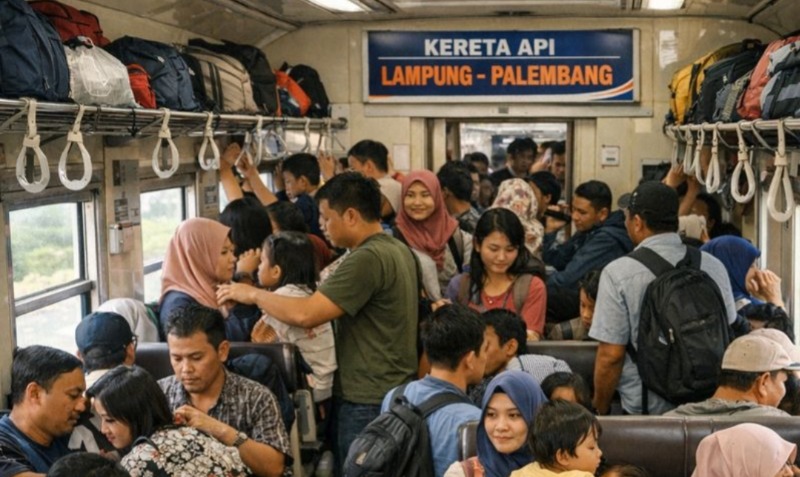 Ilustrasi AI penumpang KAI tujuan Palembang. Dok chat GPT
